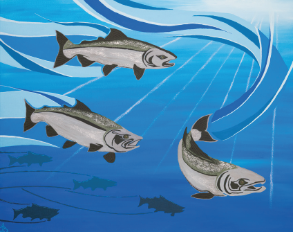 Feature artwork at Legends Casino Hotel, three silver fish are at the forefront of peaceful blue waves and a distant shimmer of the sun above.