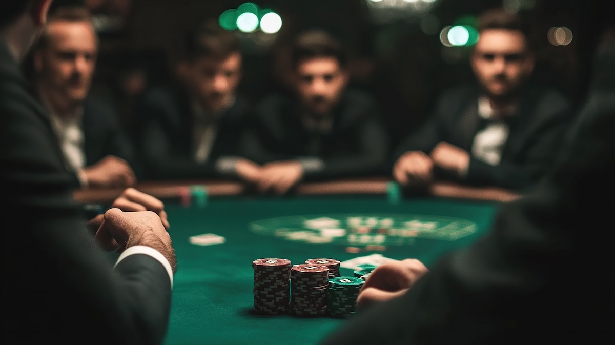 men in black suits sitting around a green gaming table, the image is focused on a stack of chips in the foreground
